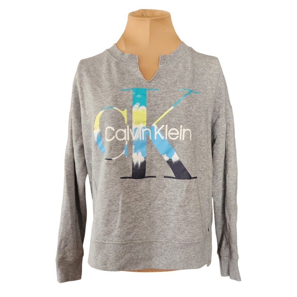Calvin Klein Womens Gray Graphic Logo Notched Neck Sweatshirt Small PFJOSM9017